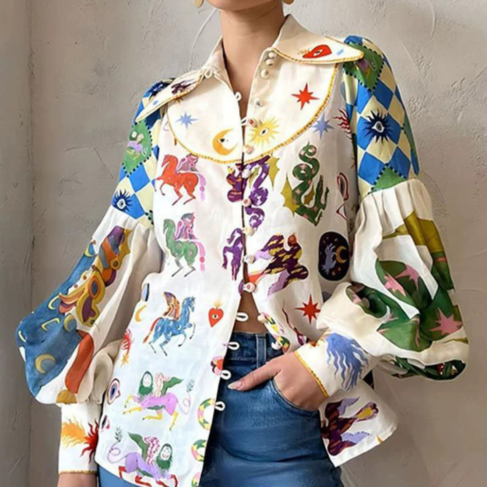 ZARA Fall Fashion Casual Print Button Down Blouse Women